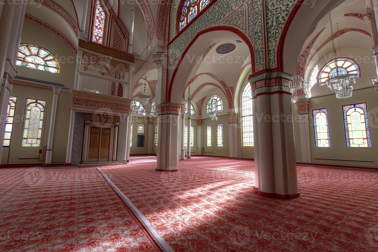 Sunlit interior of a mosque with stained-glass windows, arches, and ornate columns. photo