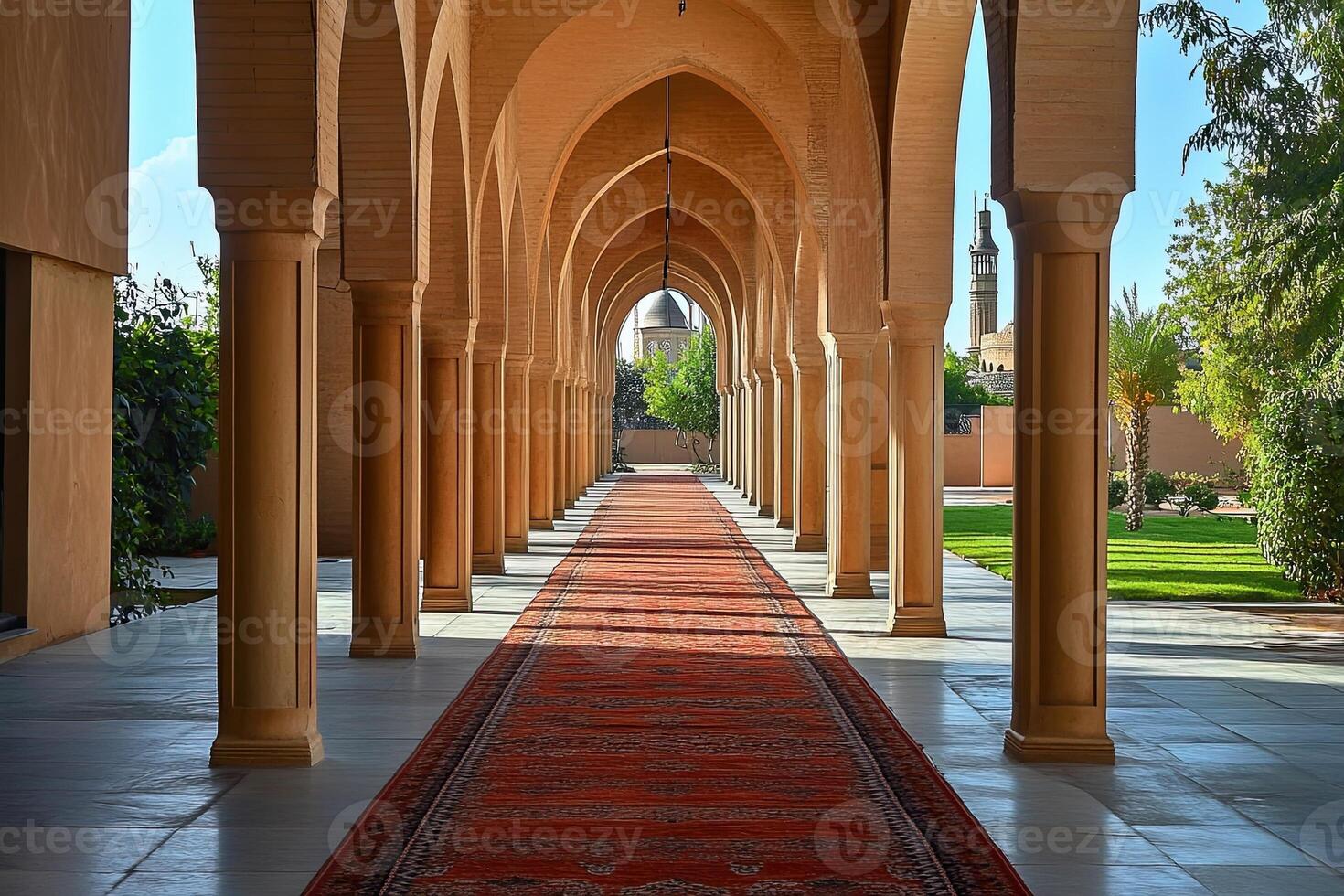 Sunlit arcade with columns, arched walkways, and a red carpet leading to a mosque. photo
