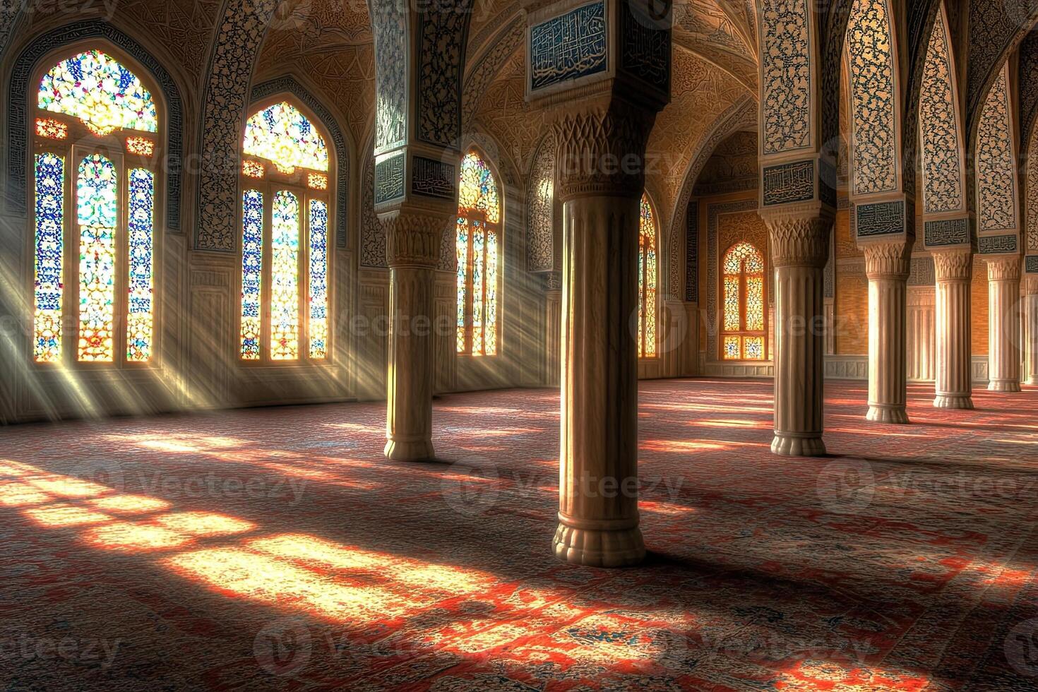 Sunbeams illuminate a mosque's interior, highlighting stained glass windows, pillars, and patterned carpets. photo
