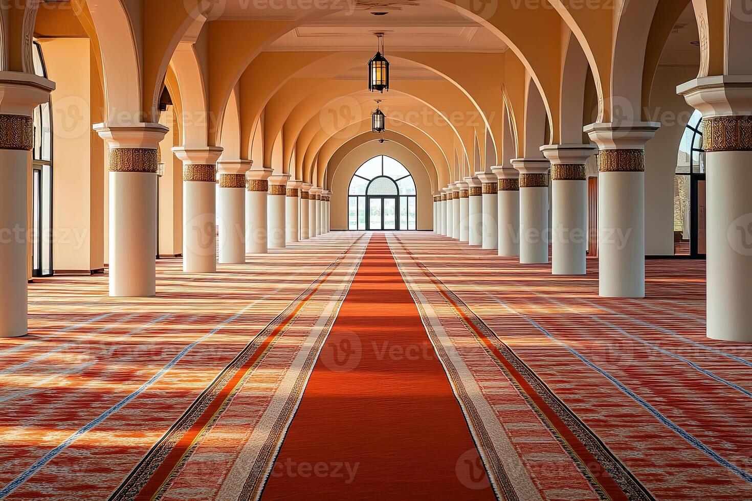 Sunlit corridor with arched ceilings, columns, and red carpet. photo