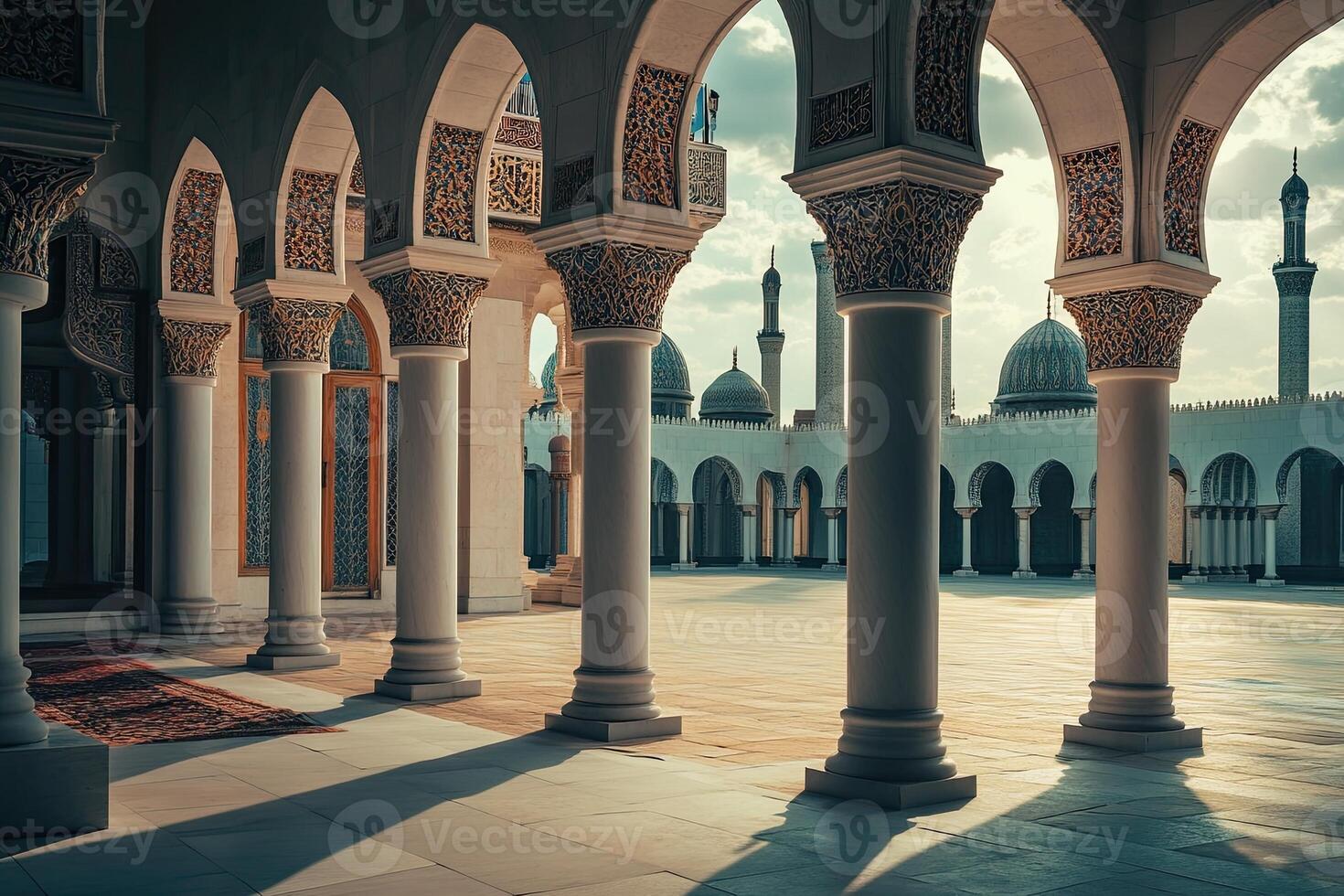 Sunlit courtyard of a mosque with ornate columns and arches, showcasing Islamic architecture. photo