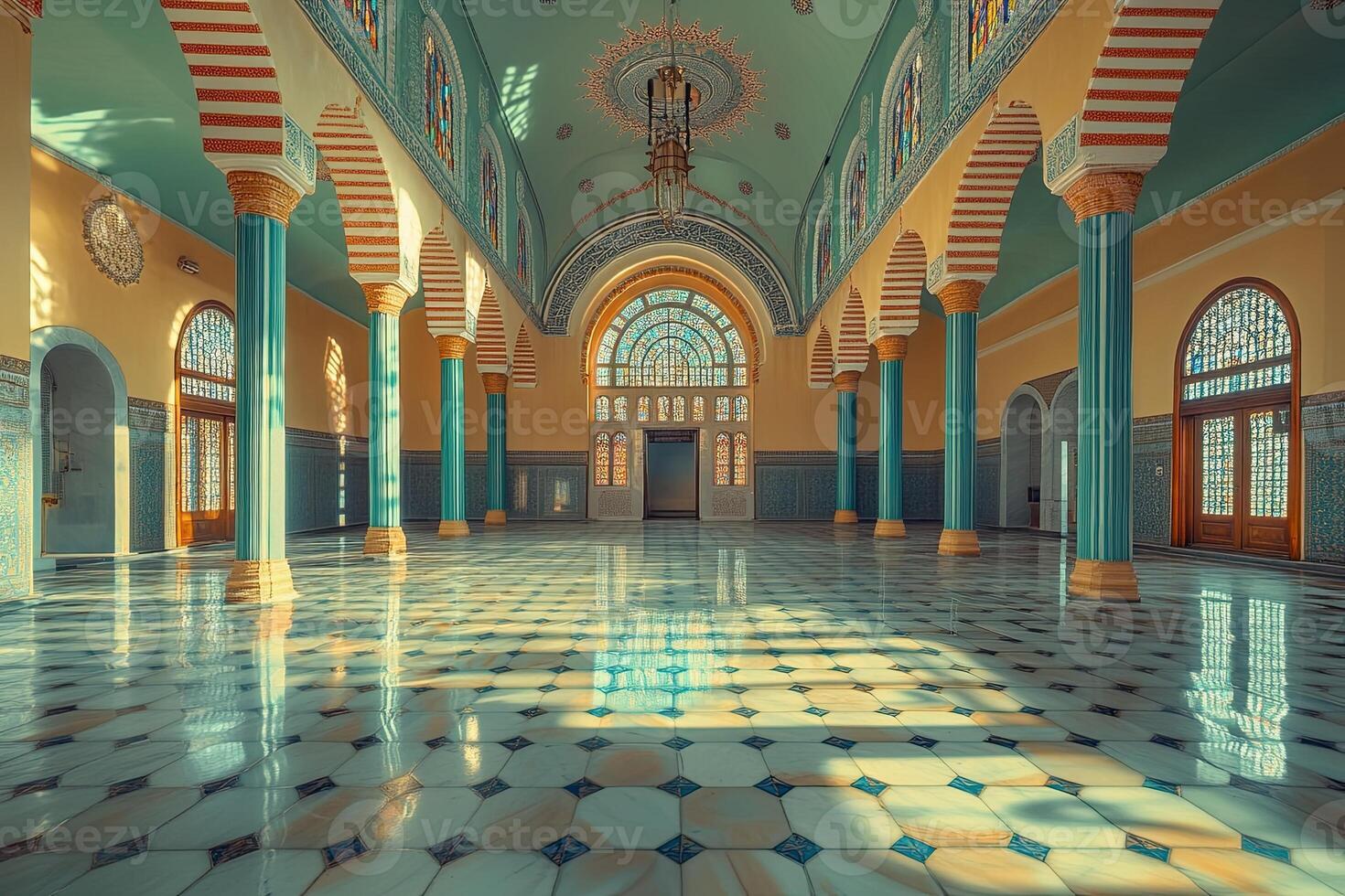 Sunlit grand hall with marble floor, arched windows, and teal columns. photo