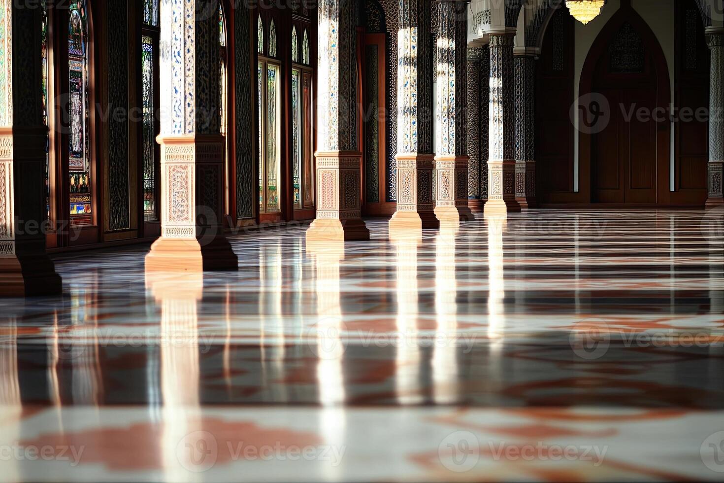 Sunlit corridor with ornate columns and marble floor. photo