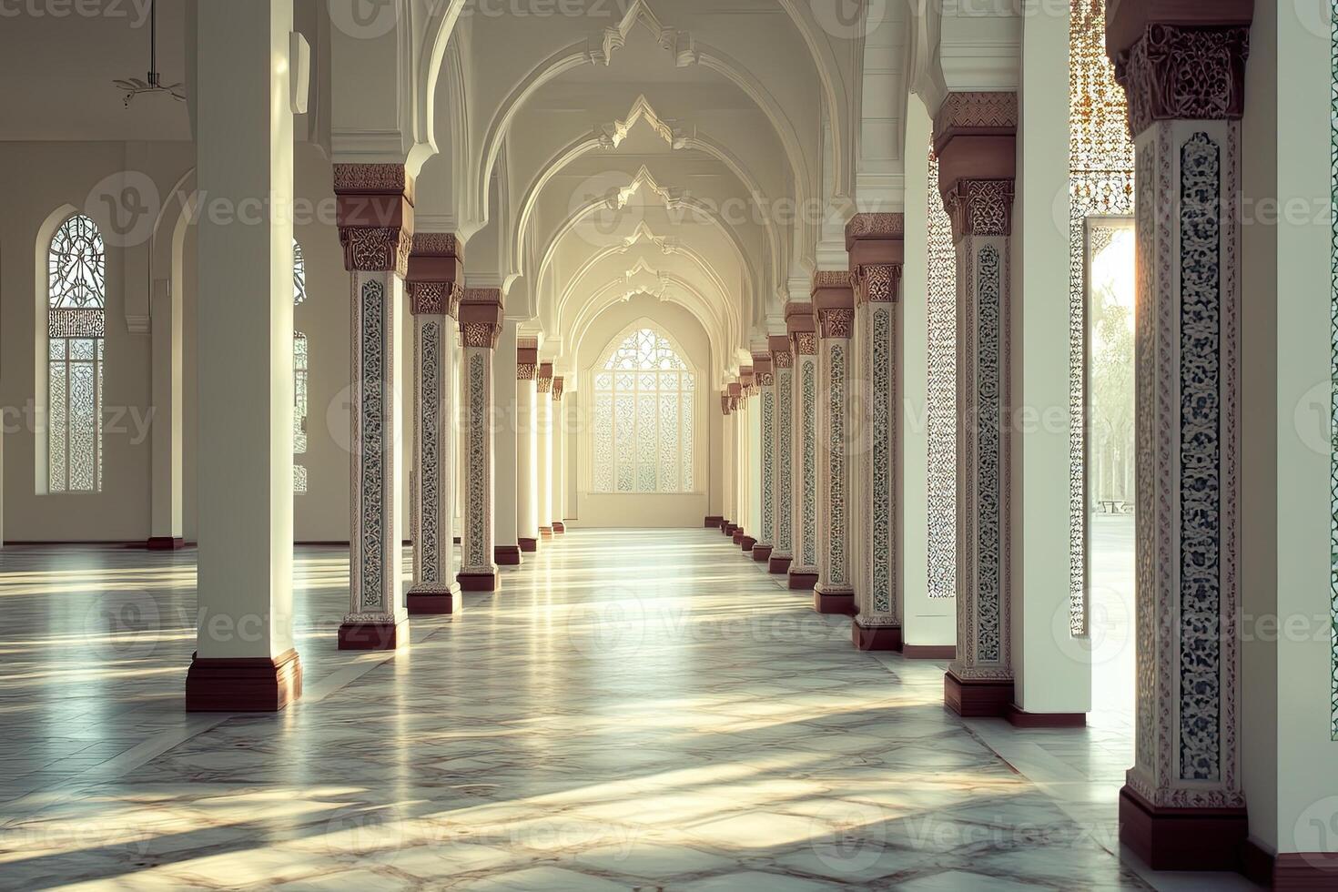 Sunlit hallway with ornate columns and arches in a mosque. photo