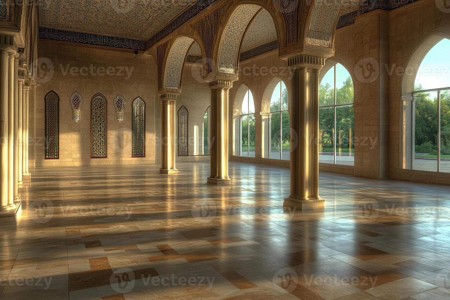 Sunlit interior of a grand hall with arched windows, columns, and mosaic artwork. photo