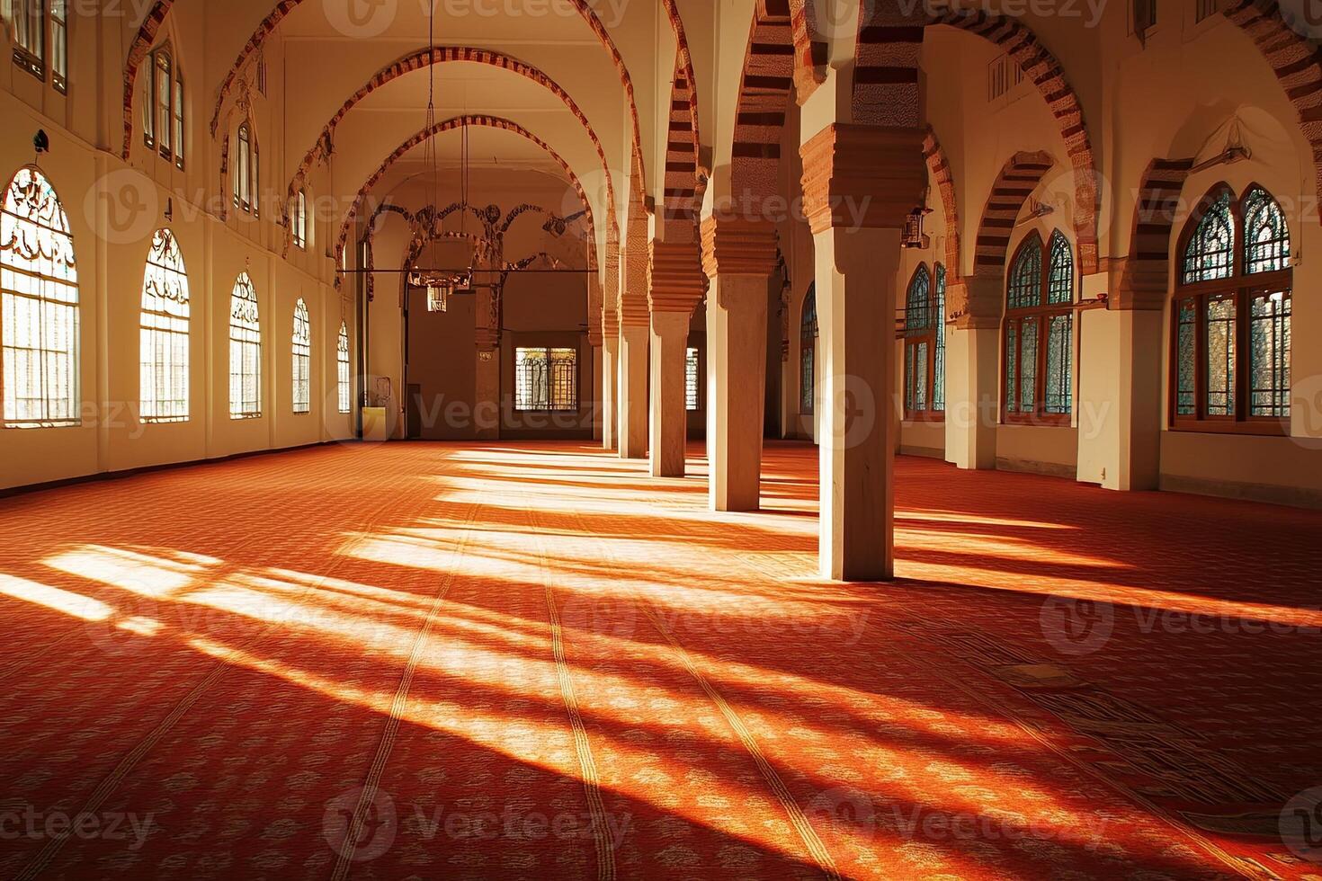 Sunlit interior of a mosque with arched ceilings, pillars, and patterned carpet. photo