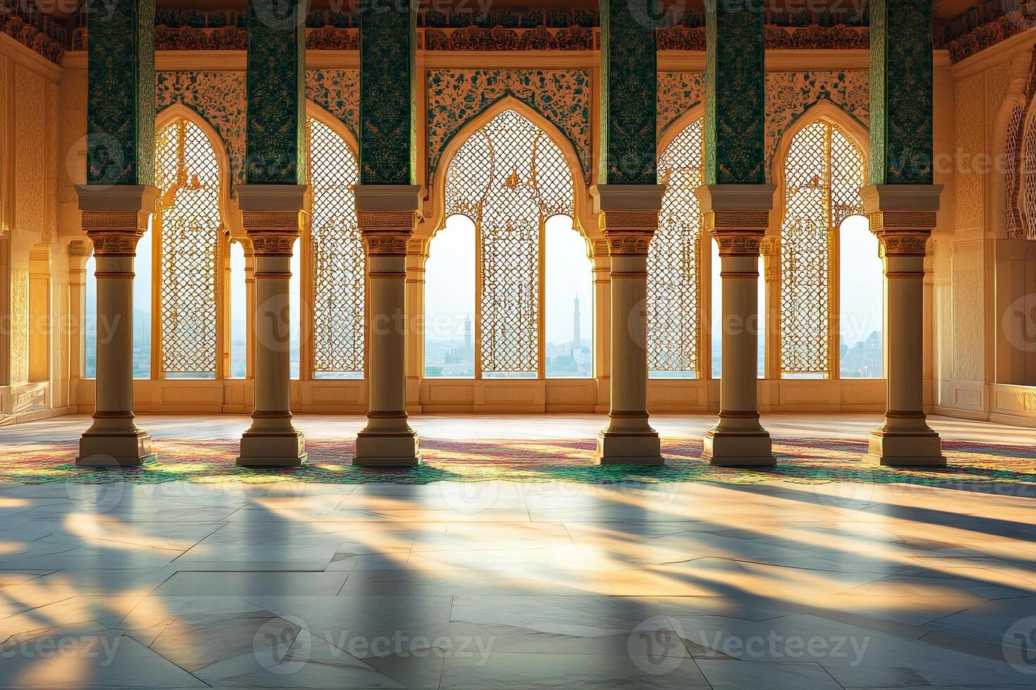 Sunlit interior of a grand hall with ornate columns, arched windows, and a distant cityscape view. photo