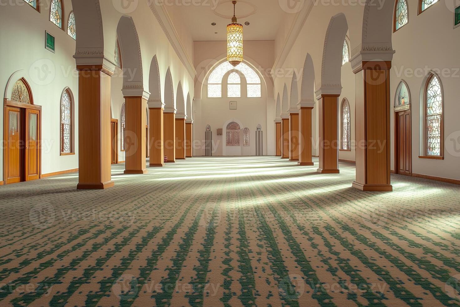 Sunlit interior of a mosque with arched windows, wooden columns, and patterned carpet. photo