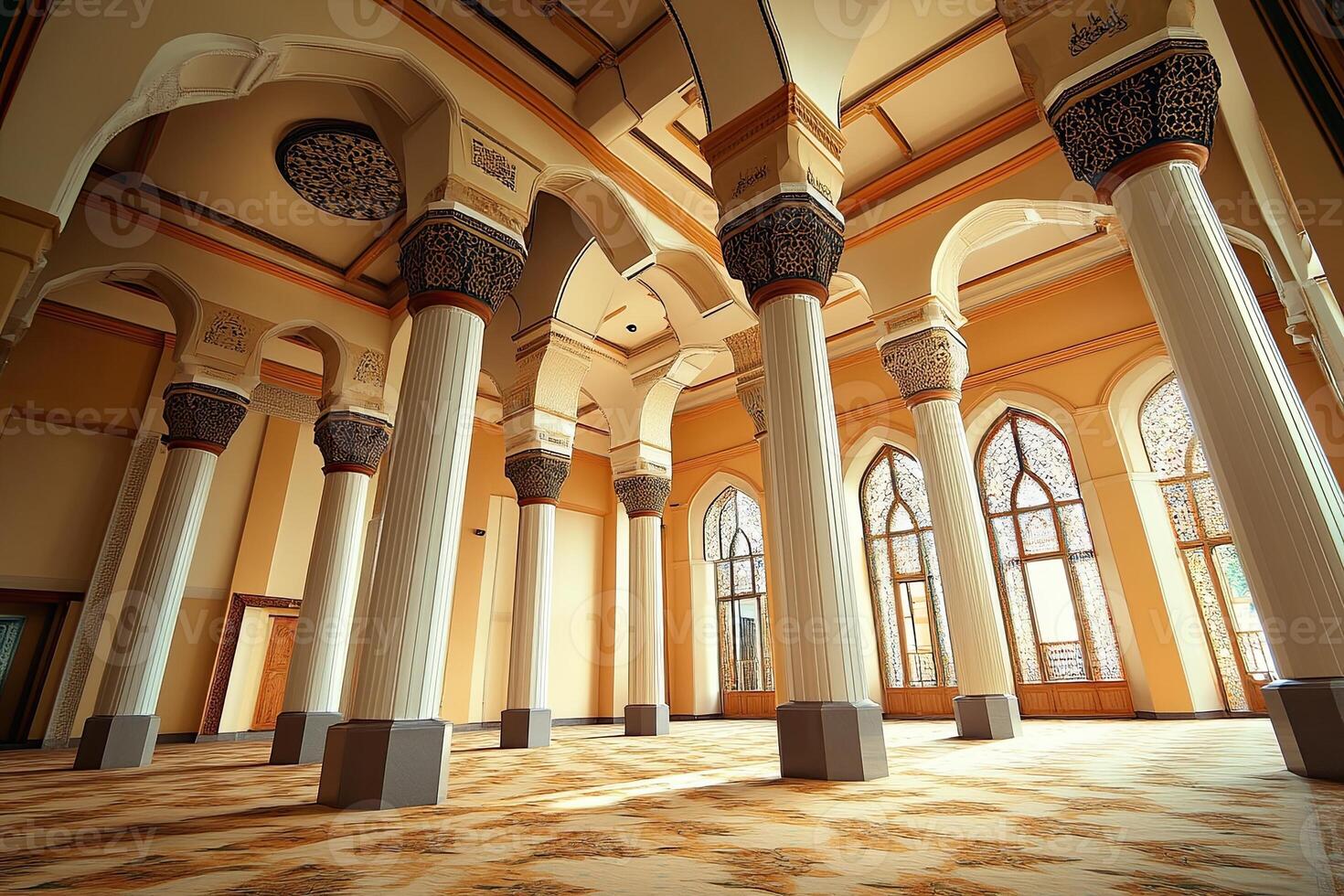 Sunlit interior of a grand mosque with ornate columns and arches. photo