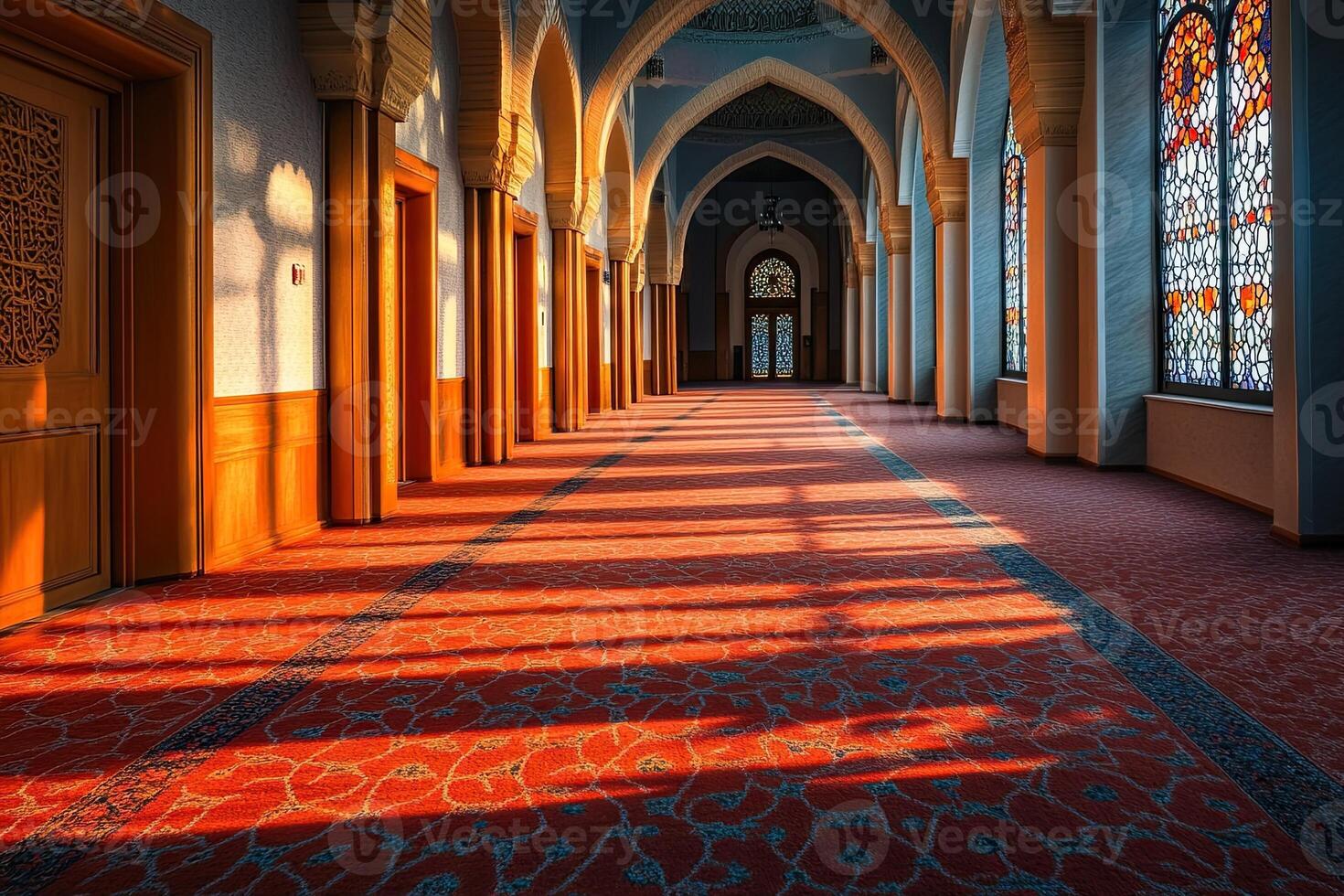 Sunlit hallway in a mosque with arched doorways, stained glass, and patterned carpet. photo