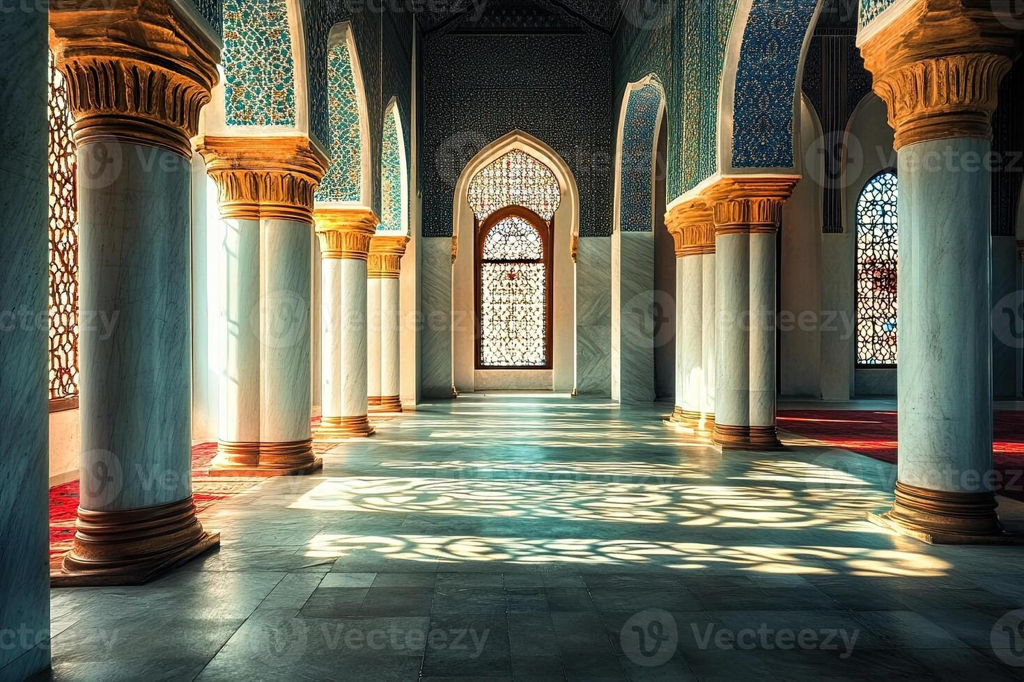 Sunlit interior of a mosque with ornate columns, arches, and stained-glass windows. photo
