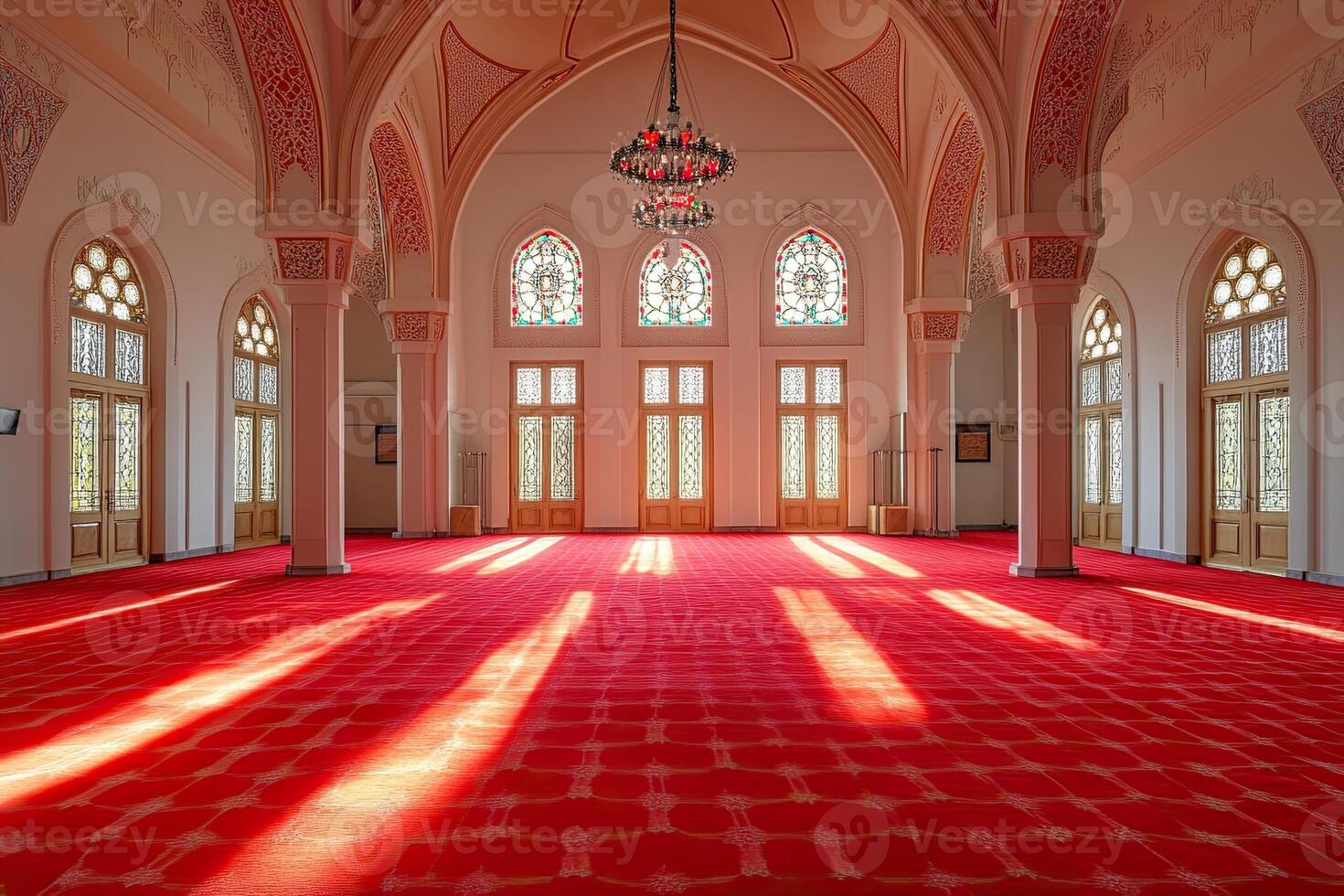 Sunlit interior of a mosque with red carpet, arched architecture, and stained-glass windows. photo