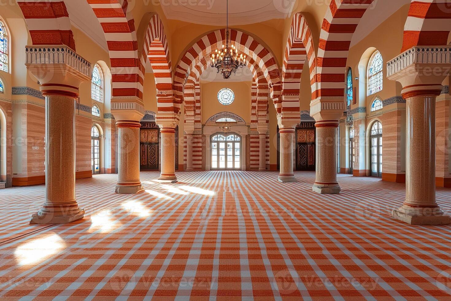 Sunlit interior of a mosque with red and white striped columns and checkered floor. photo