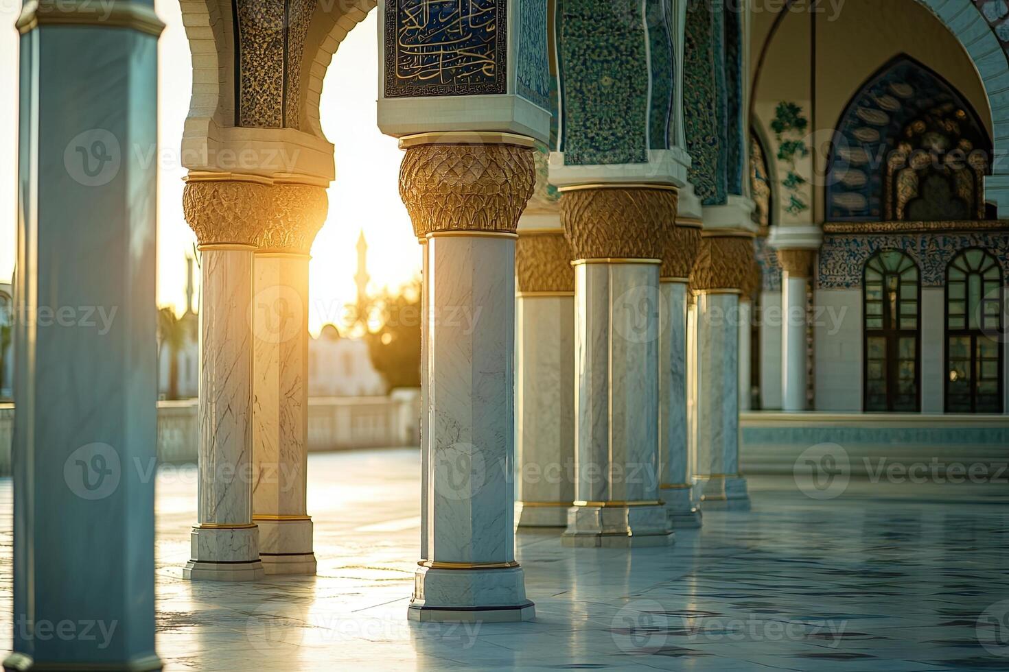 Sunlit mosque courtyard with ornate columns and arches. photo