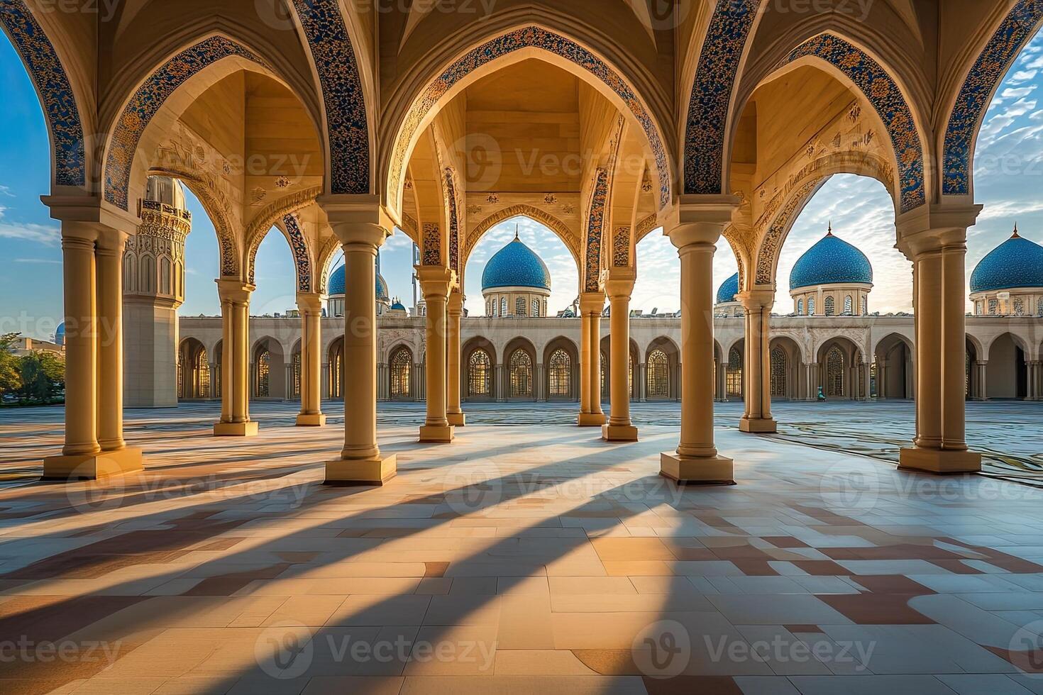 Sunlit mosque courtyard with arches, columns, and blue domes. photo