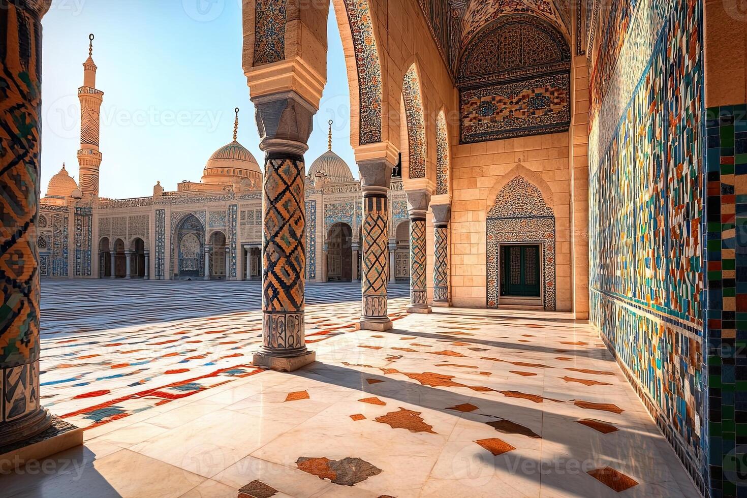 Sunlit mosque courtyard with ornate columns and tilework. photo