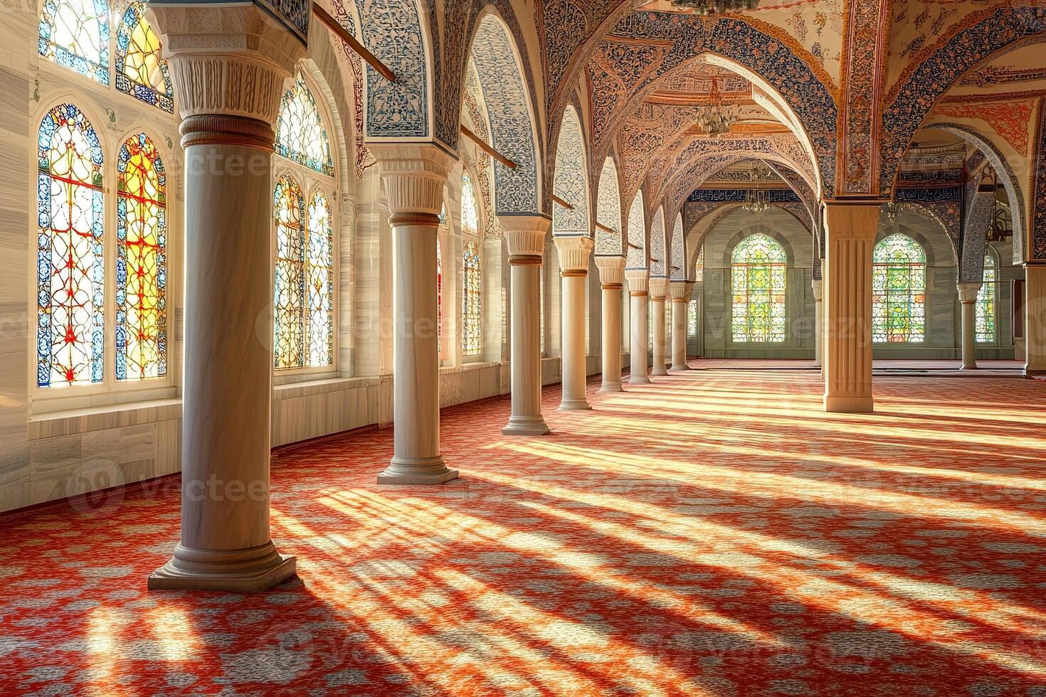 Sunlit mosque interior with stained glass windows and ornate columns. photo