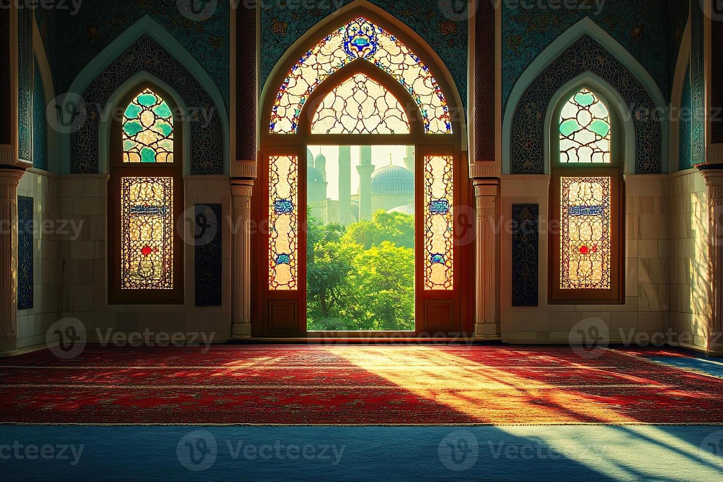 Sunlit mosque interior with stained glass windows showing a view of another mosque and green trees. photo