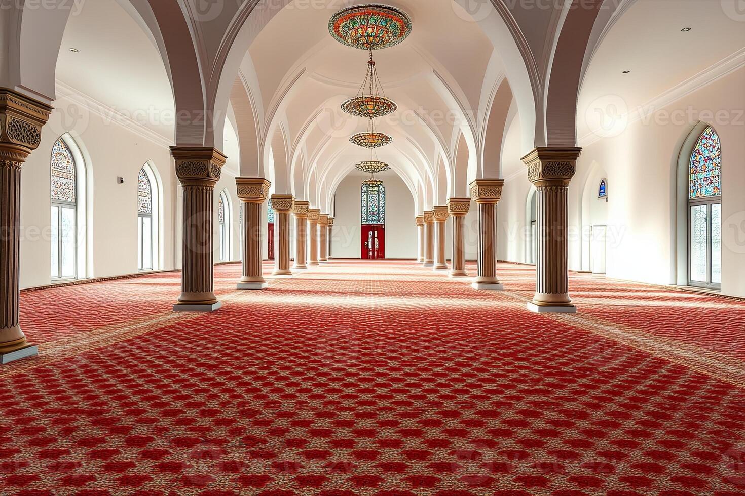 Sunlit mosque interior with red carpet, arched ceilings, and columns. photo