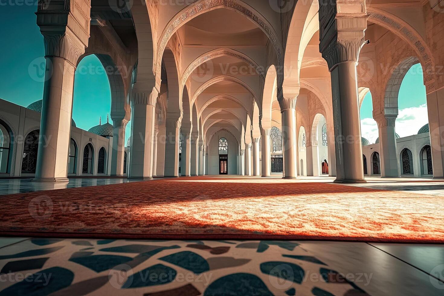 Sunlit mosque colonnade with arched ceilings and patterned carpet. photo