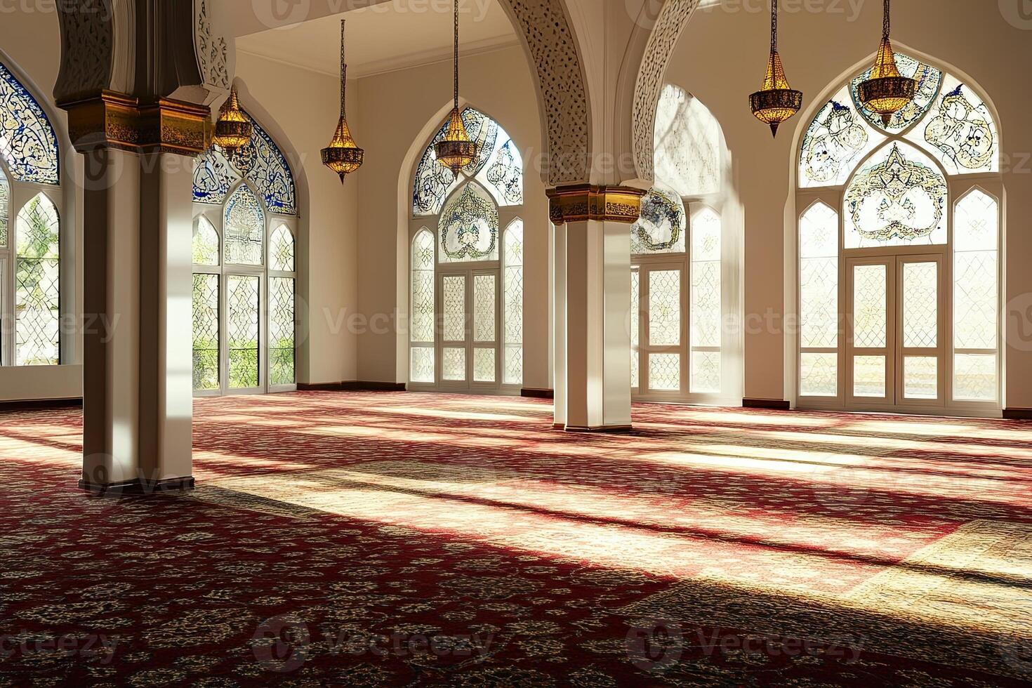 Sunlit mosque interior with ornate arches, stained glass windows, and patterned carpet. photo