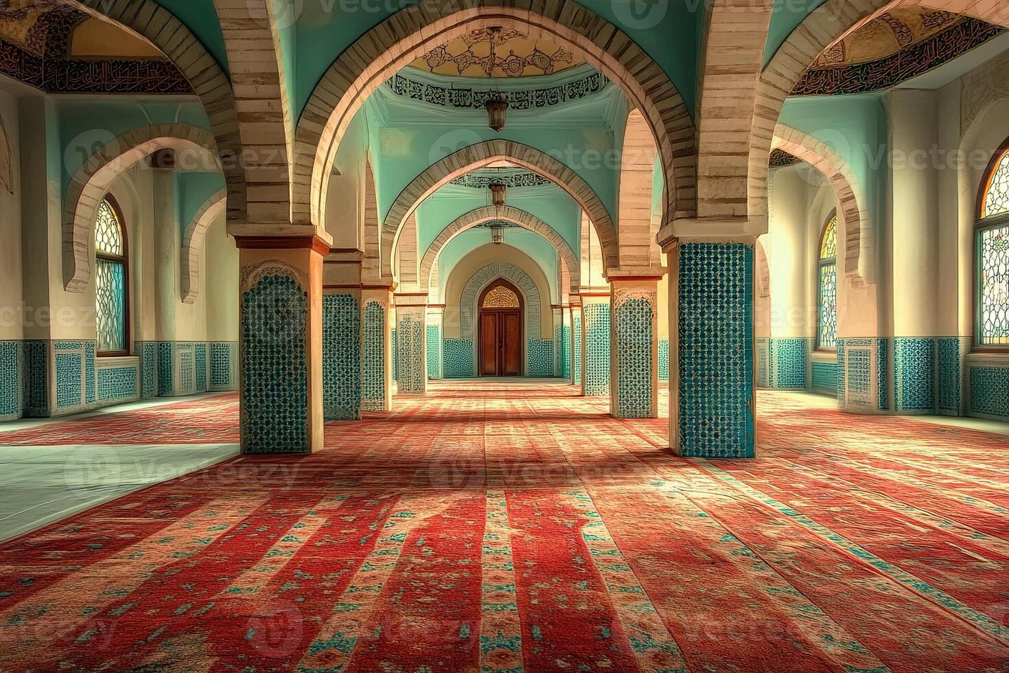 Sunlit mosque interior with arched ceilings, teal walls, and red carpet. photo
