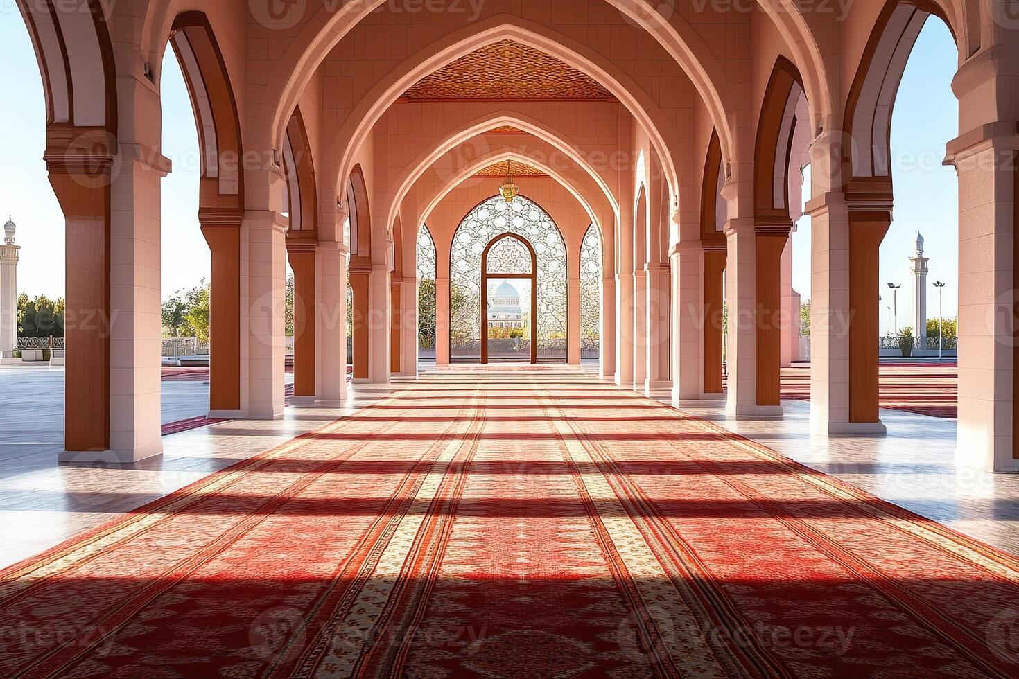 Sunlit mosque colonnade with patterned carpet. photo