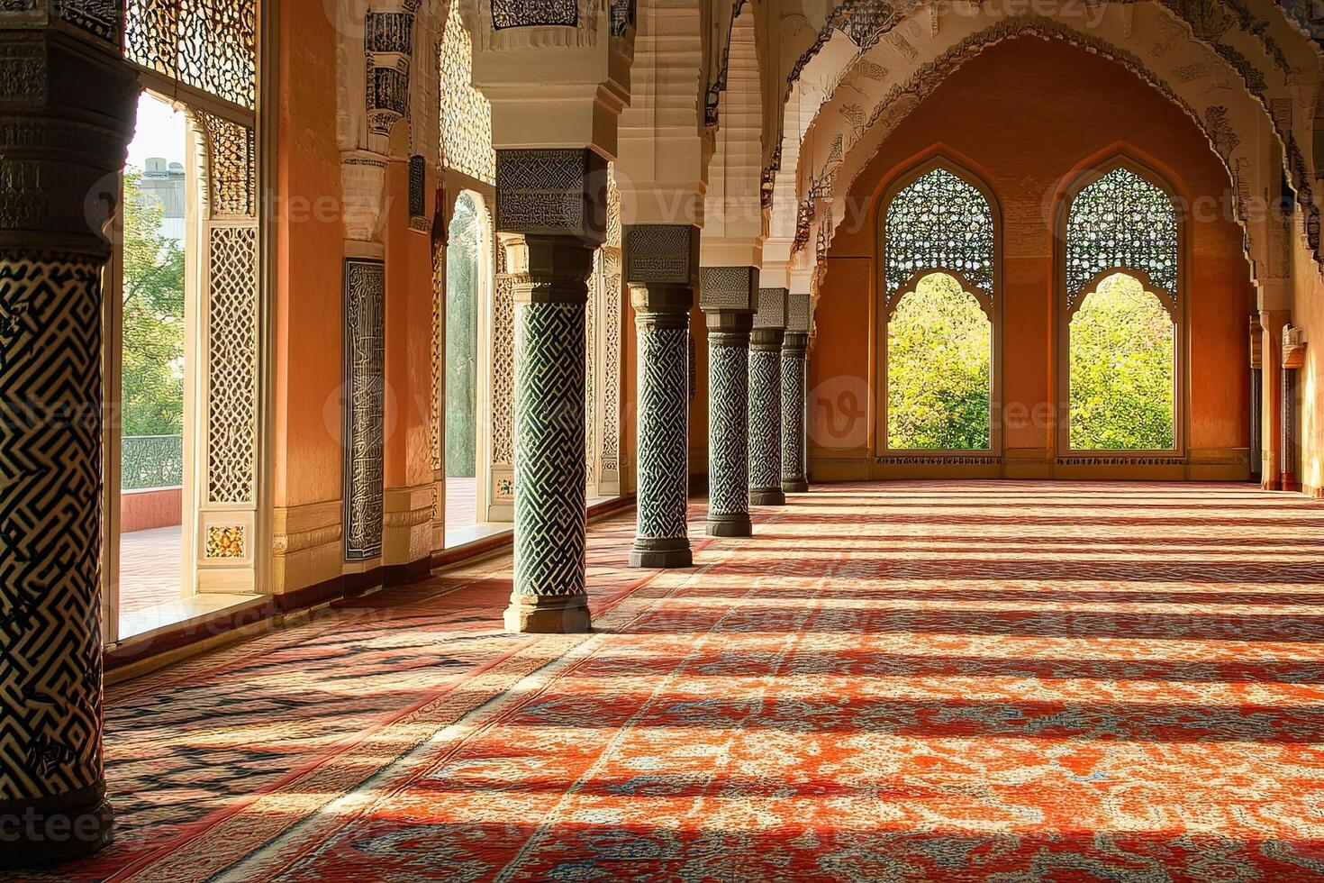 Sunlit mosque interior with arched windows, patterned columns, and ornate carpet. photo