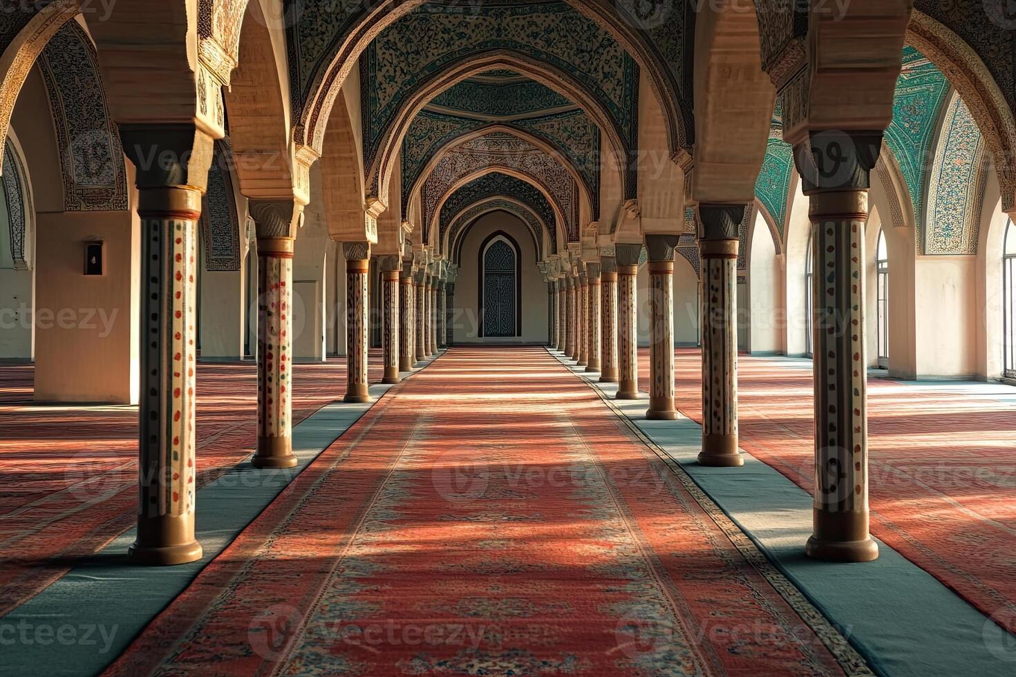 Sunlit mosque interior with arched columns and red carpet. photo