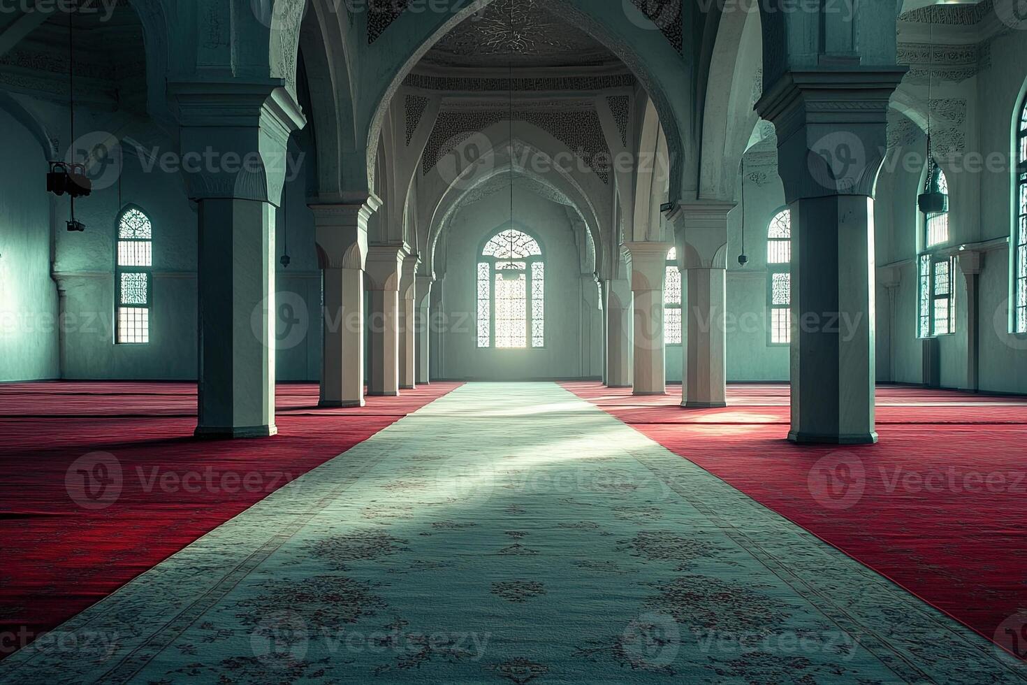 Sunlit mosque interior with arched columns, red carpet, and prayer rugs. photo