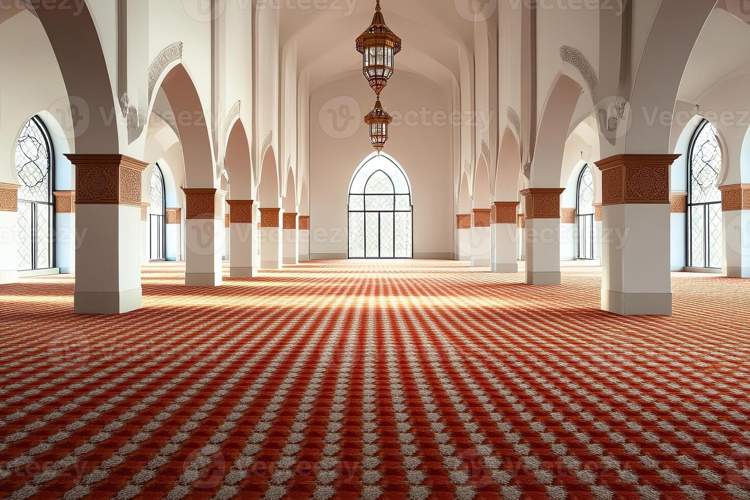 Sunlit mosque interior with patterned carpet, arched architecture, and large windows. photo