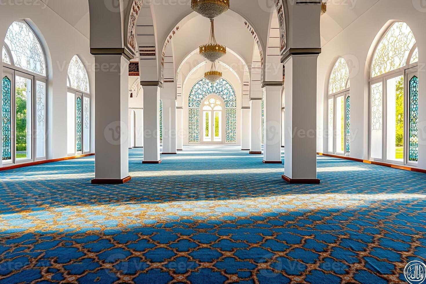 Sunlit mosque interior with patterned carpet, arches, and columns. photo