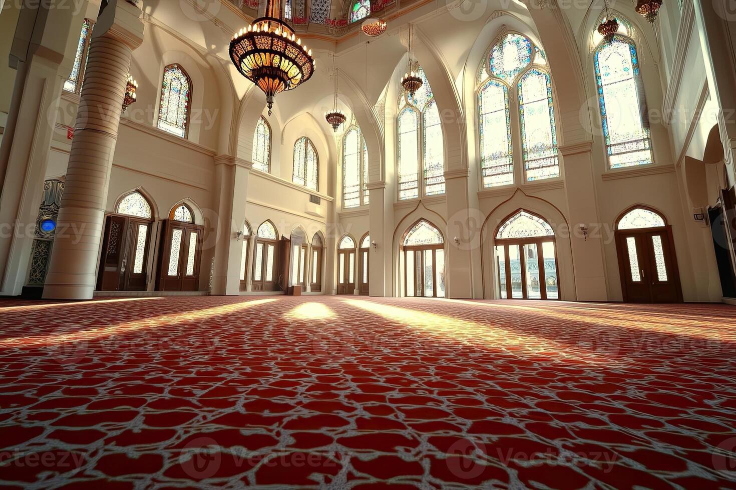 Sunlit mosque interior with stained-glass windows and ornate carpet. photo