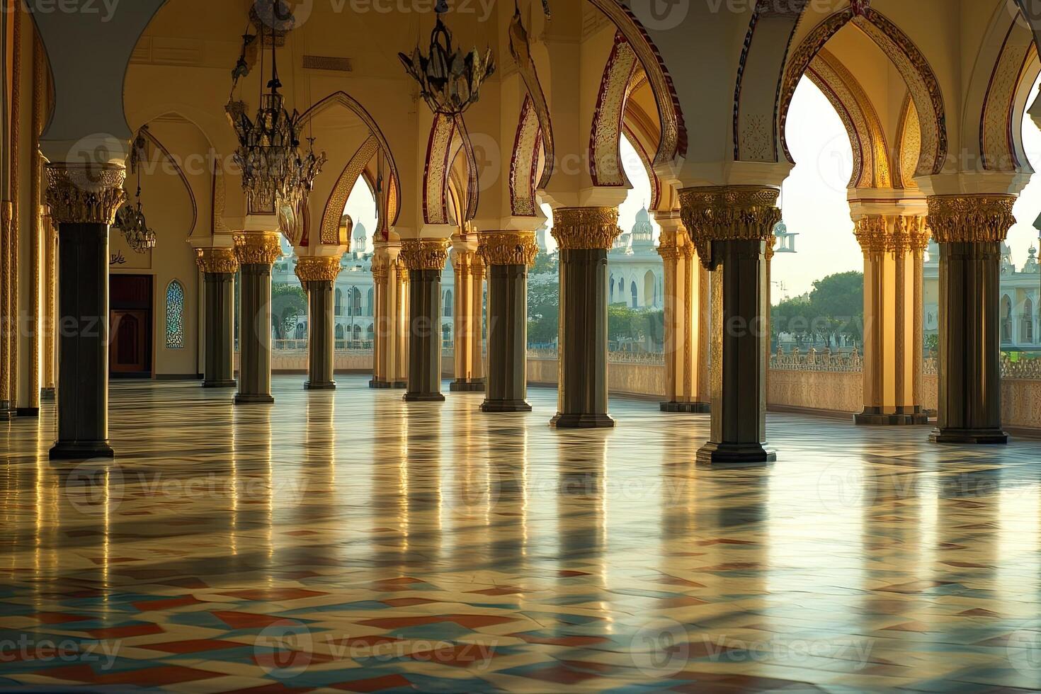 Sunlit palace hallway with ornate columns, arches, and patterned floor. photo
