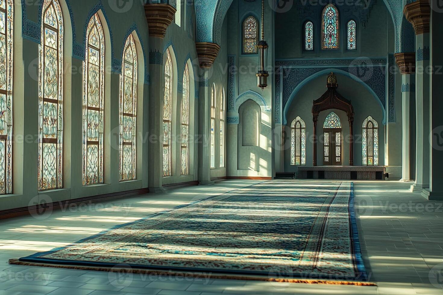 Sunlit mosque interior with prayer rug, stained glass windows, and arched architecture. photo