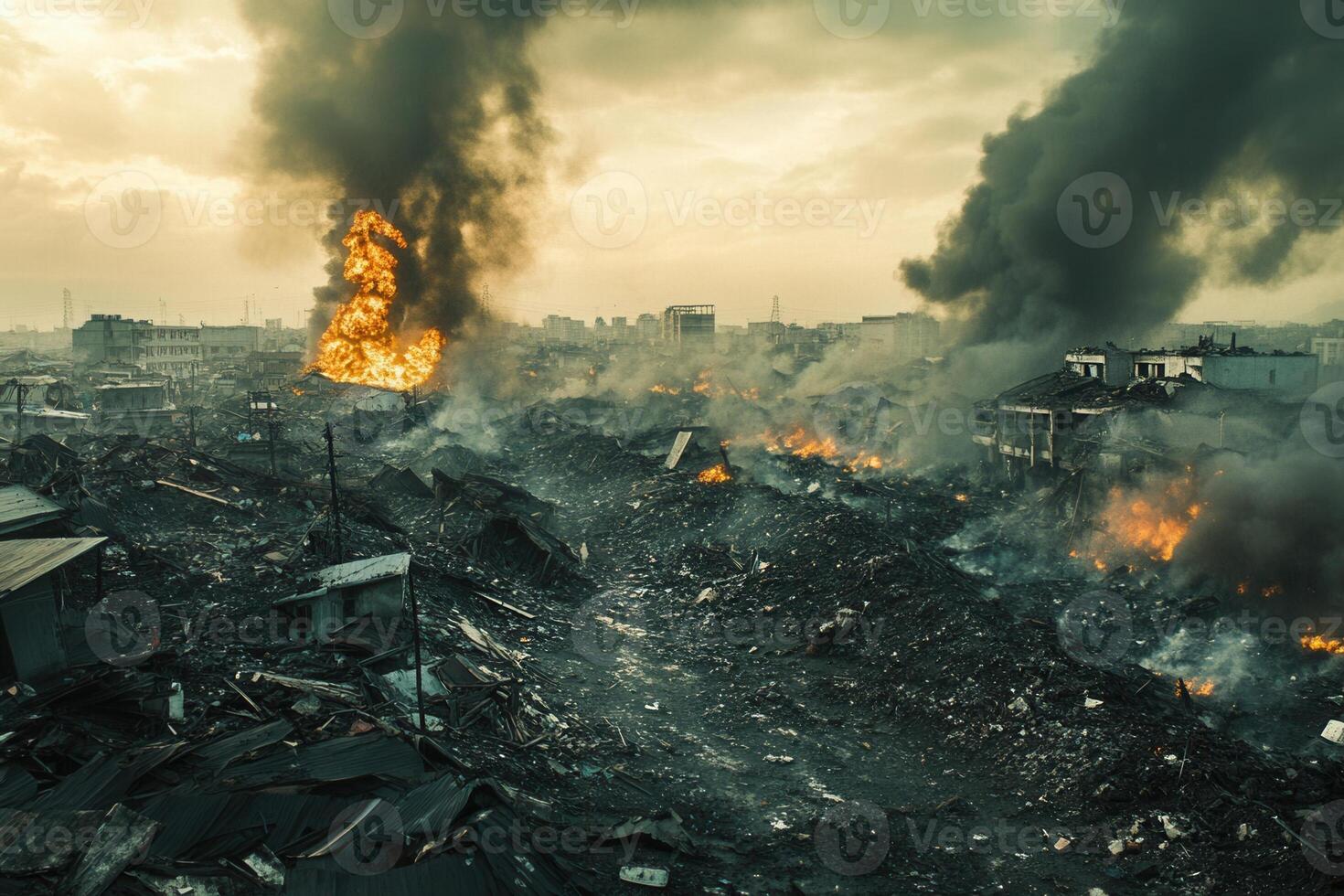 Devastation Aerial view of city engulfed in flames and rubble after disaster. photo