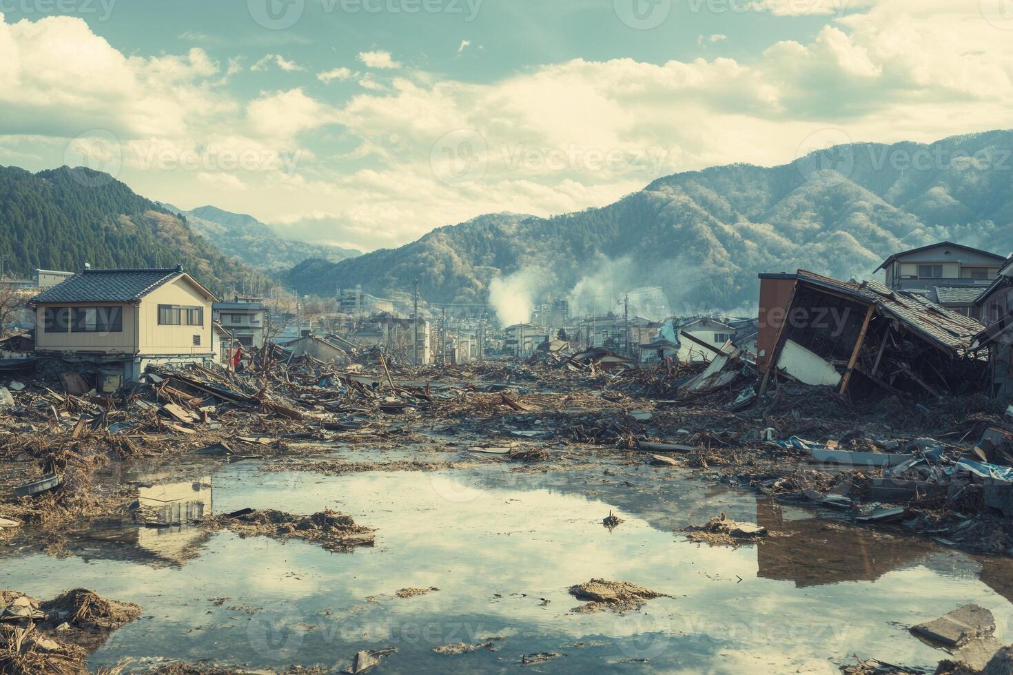 Devastation and destruction after a natural disaster. photo