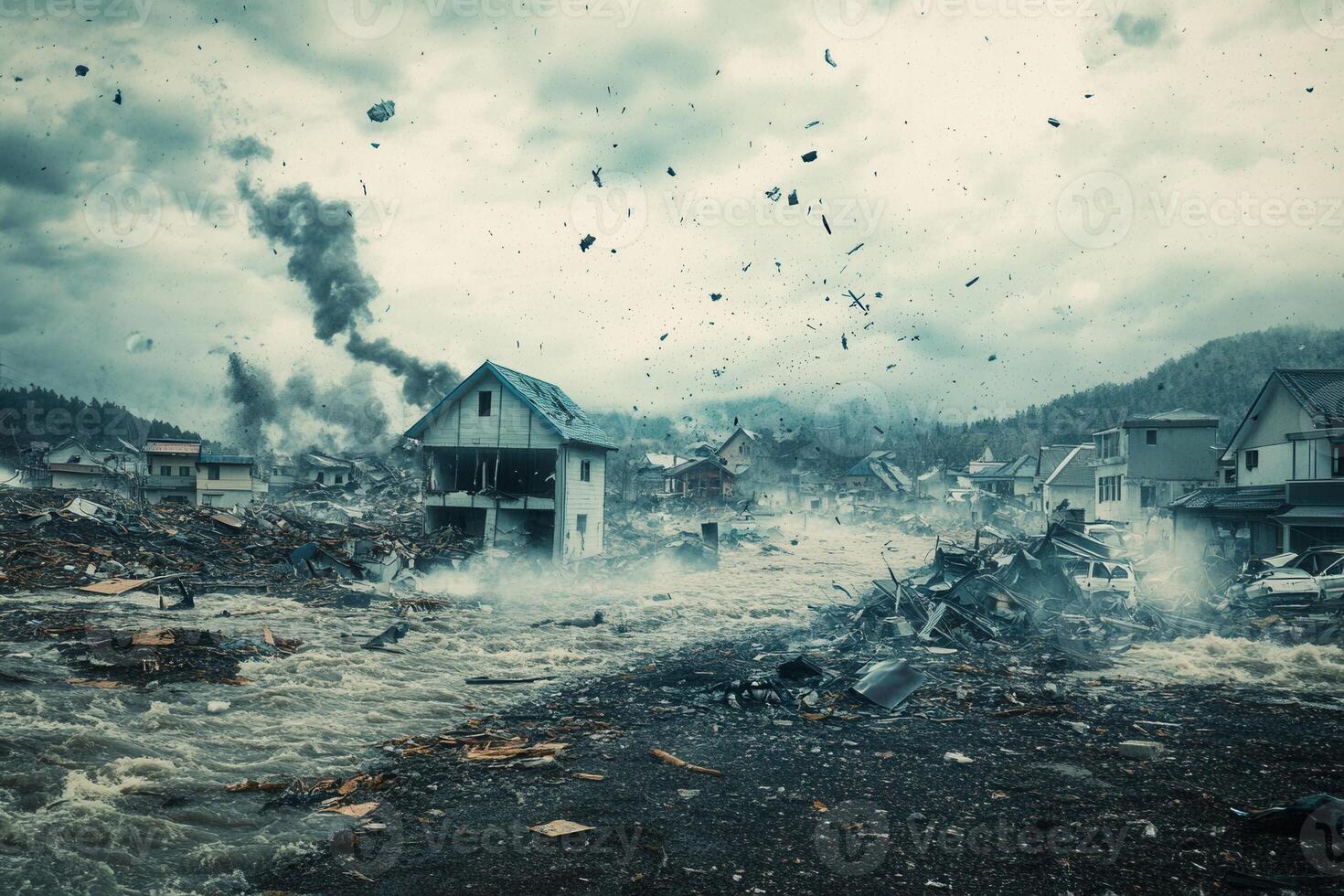 Devastated houses and debris strewn across a flood plain after a natural disaster. photo