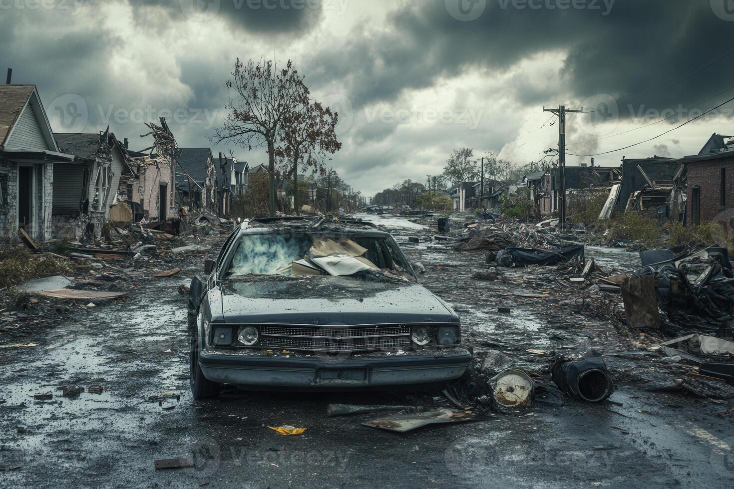 Destroyed neighborhood street after a natural disaster. photo