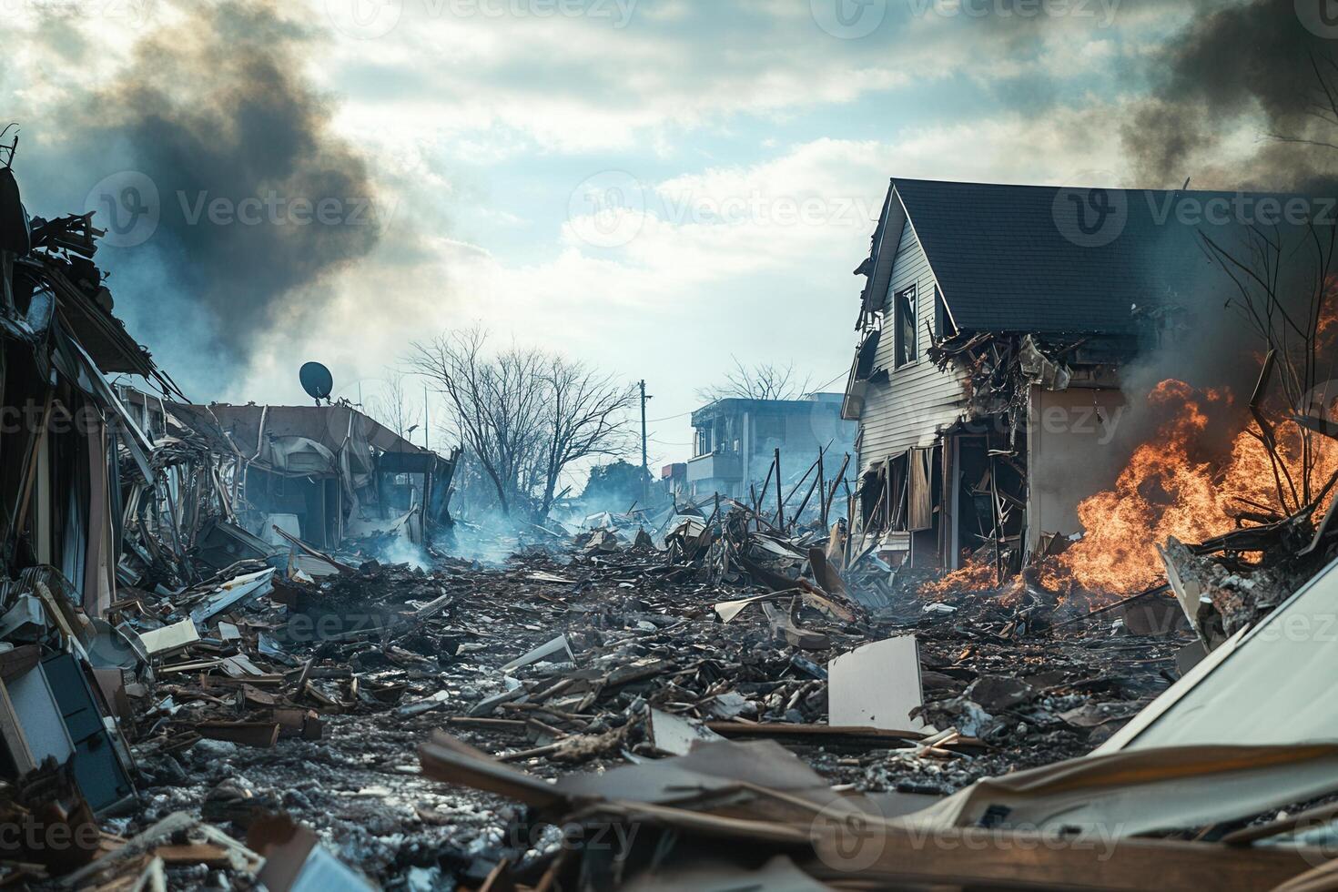 Devastation burning houses and rubble after a disaster. photo