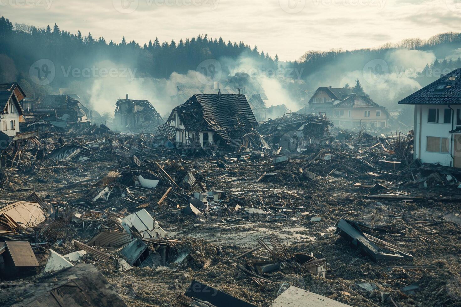 Devastation Smoke rises over a landscape of destroyed homes and debris after a natural disaster. photo