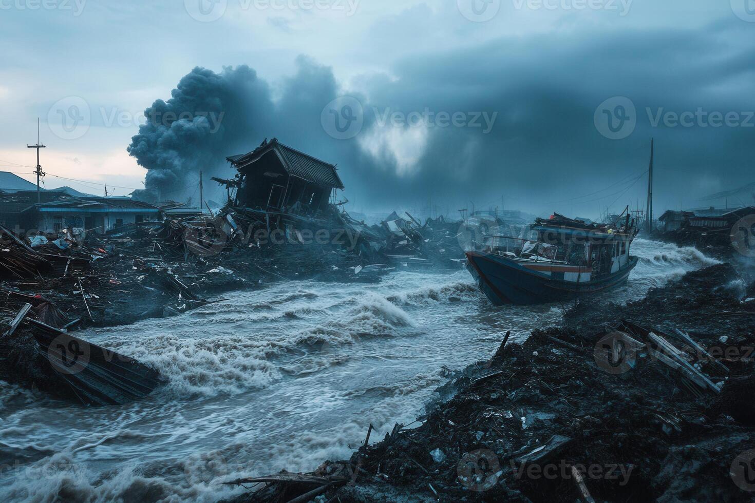 Devastation A boat navigates through floodwaters and debris amidst ruined buildings and smoke. photo