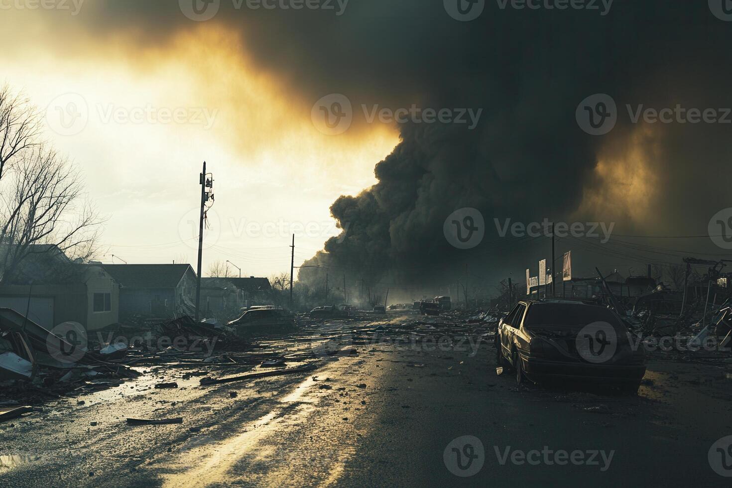 Destructive aftermath of a wildfire engulfing a residential street, showcasing damaged houses and vehicles amidst a dark, smoky sky. photo