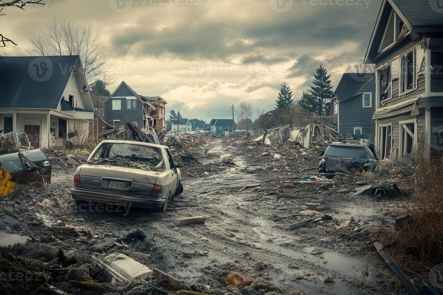 Devastated suburban street after a natural disaster, showing damaged houses and vehicles buried in mud and debris. photo
