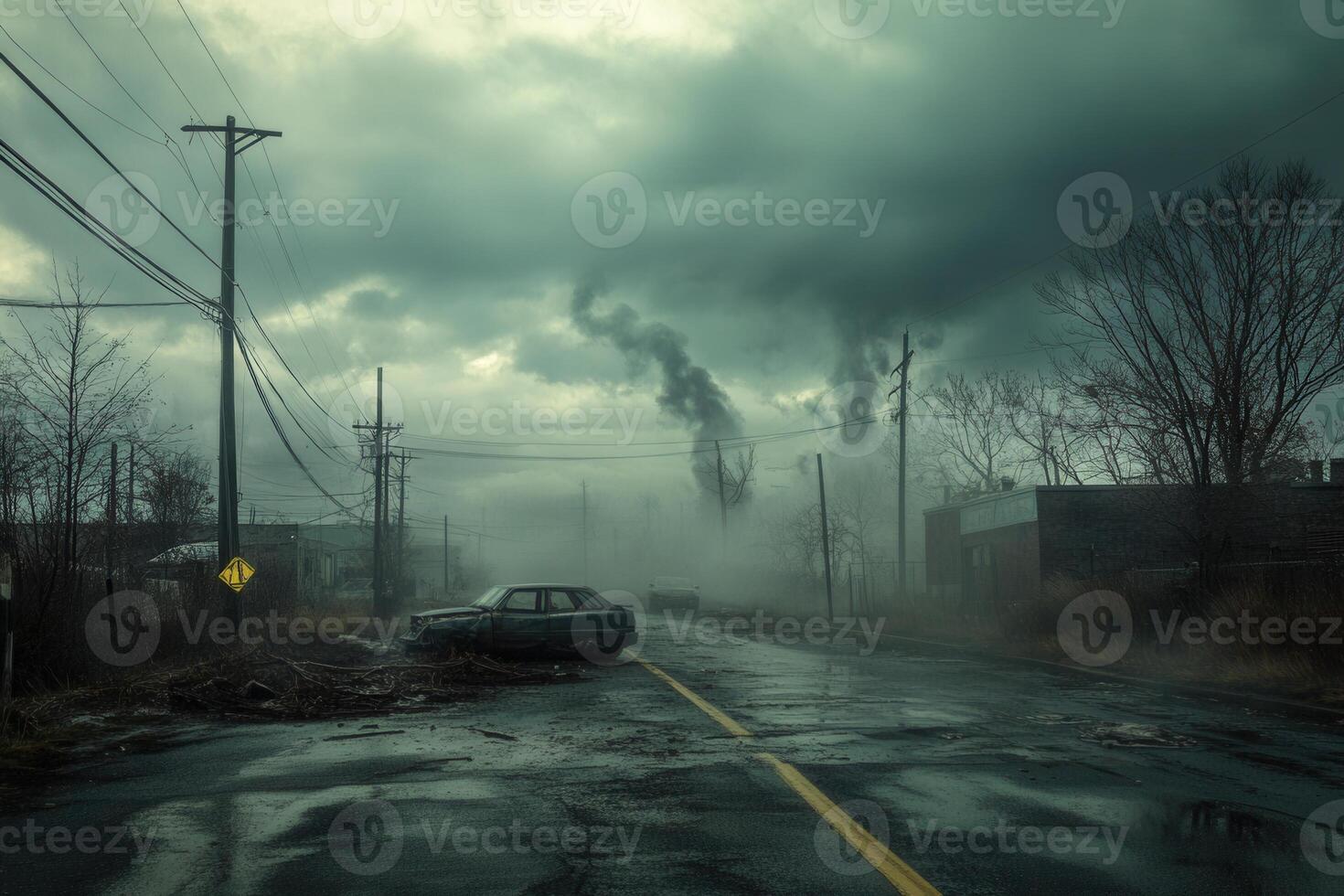 Desolate street scene with abandoned car, industrial smog, and overcast sky. photo