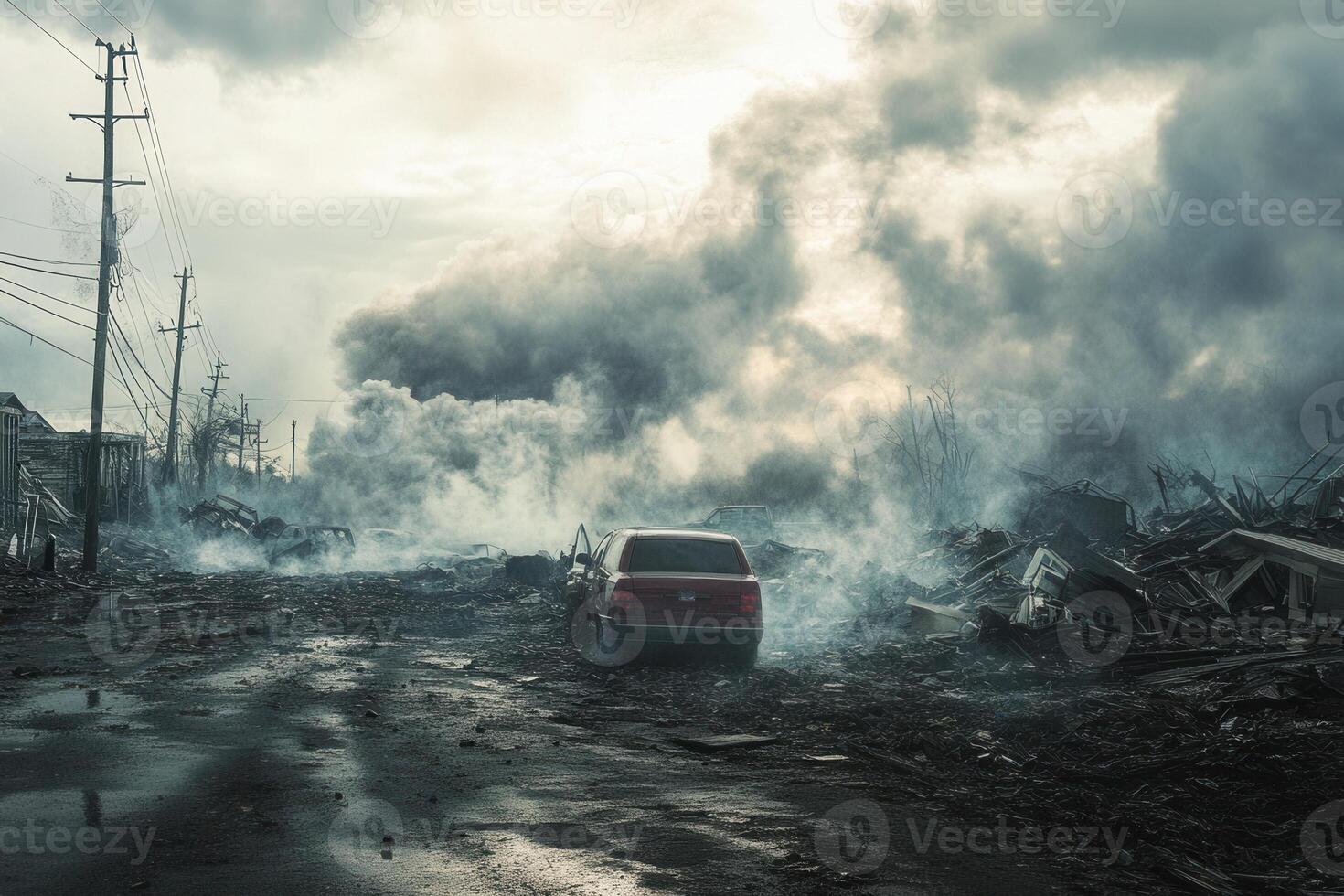 Desolate street scene after a catastrophic event, showing a car amidst rubble and smoke. photo