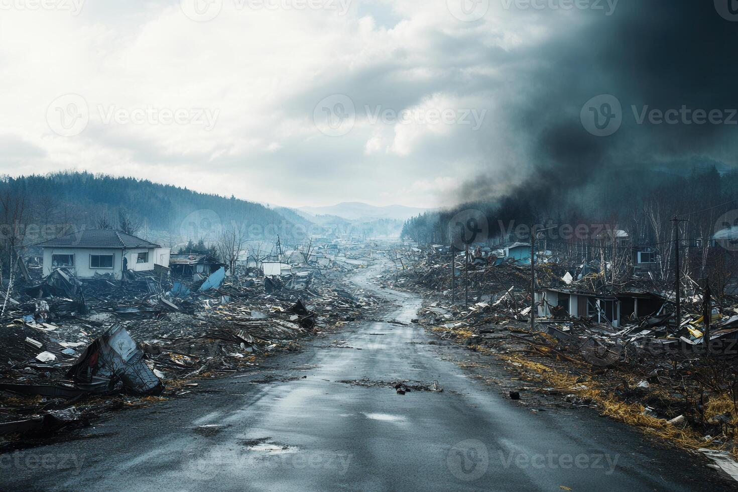 Desolate road through a disaster-stricken town, showing destruction and smoke. photo
