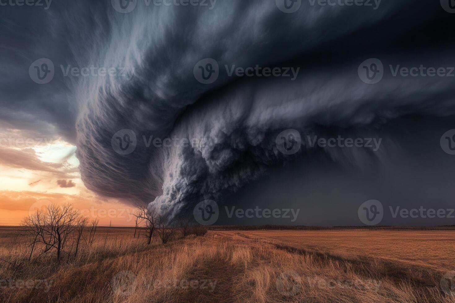 Dramatic sunset over a vast field with an ominous, rotating supercell thunderstorm. photo