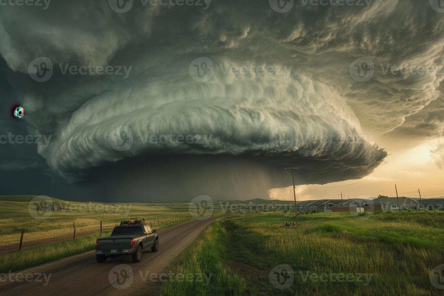 Dramatic supercell thunderstorm over flat landscape with pickup truck on road. photo