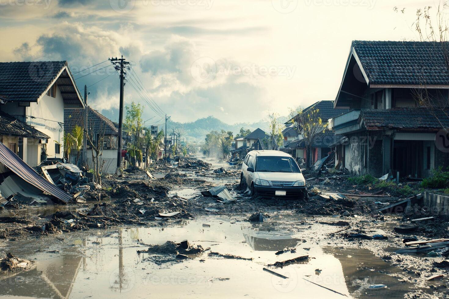 Flood-damaged houses and car in muddy street. photo
